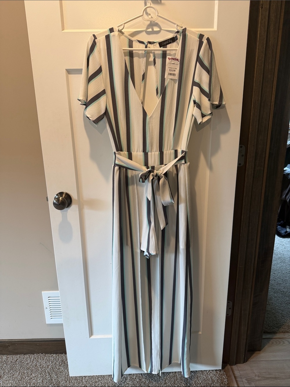 Striped V-Neck Belted Maxi Dress - White with Navy & Teal Stripes